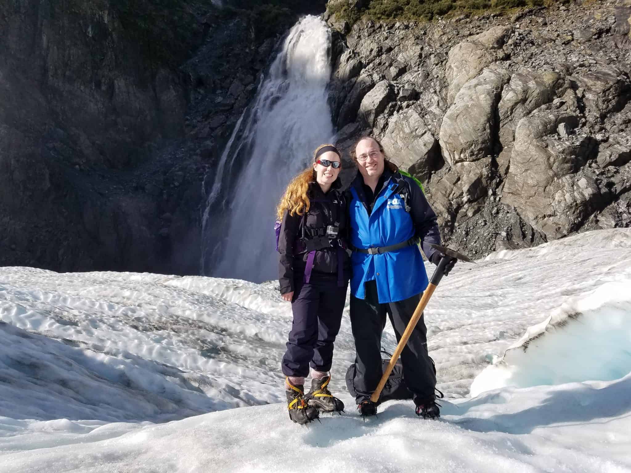 Jon and Laura on ice before waterfall