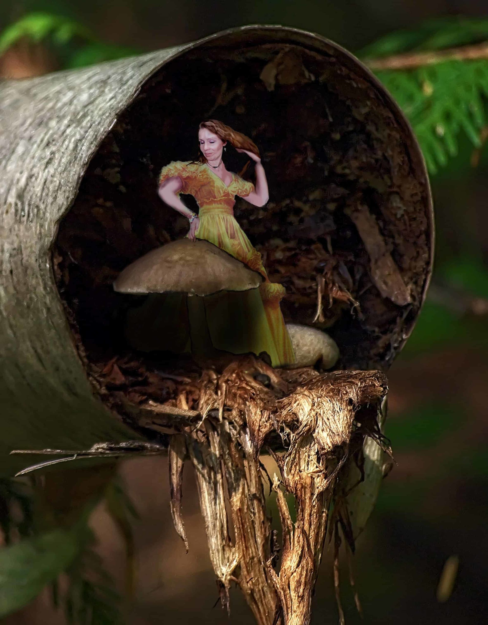 Tiny Laura in green dress with mushroom inside hollow tree trunk