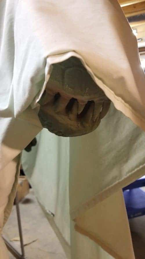 white cloth over dinosaur head with teeth showing