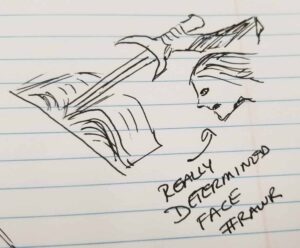 Drawing a sword from the book, not stabbing the book. In case it was unclear.