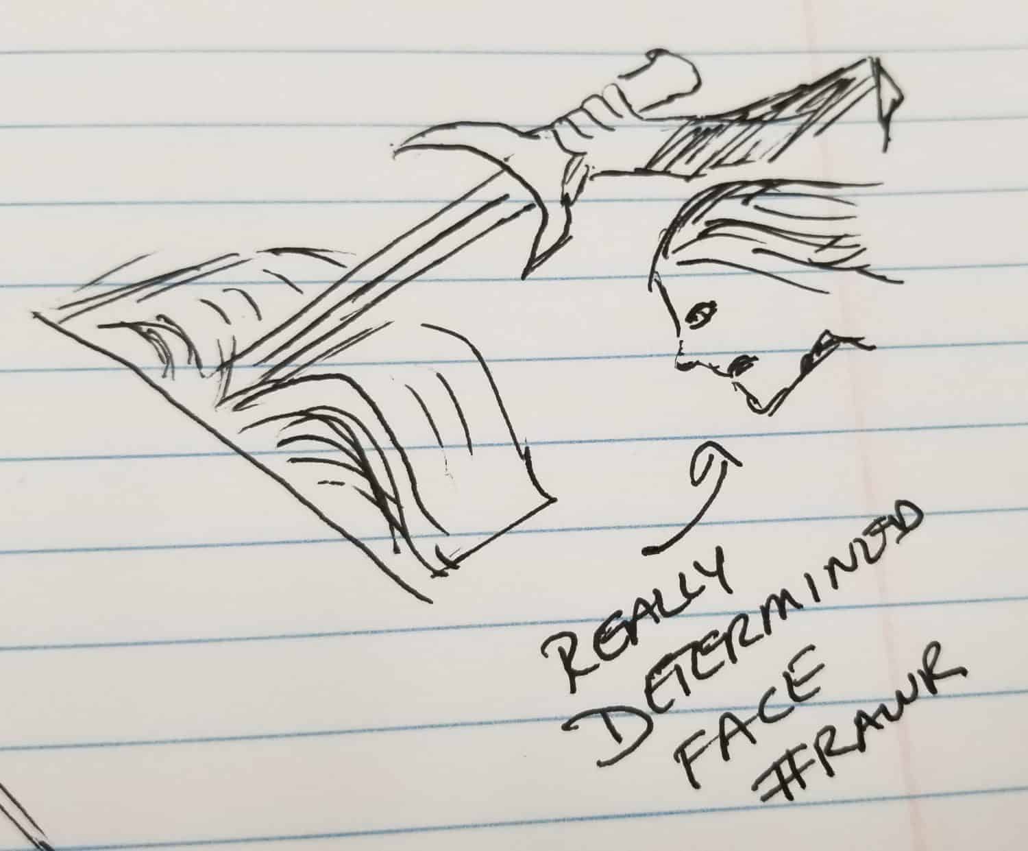 Drawing a sword from the book, not stabbing the book. In case it was unclear.