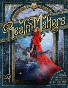 Realm Makers program cover, dark fantasy Red Riding Hood over a slain wolf