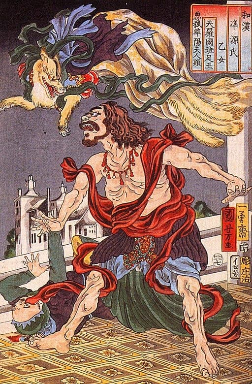 Prince Hanzoku terrorized by the nine-tailed fox Kyūbi no Kitsune. Print by Utagawa Kuniyoshi, 19th century.