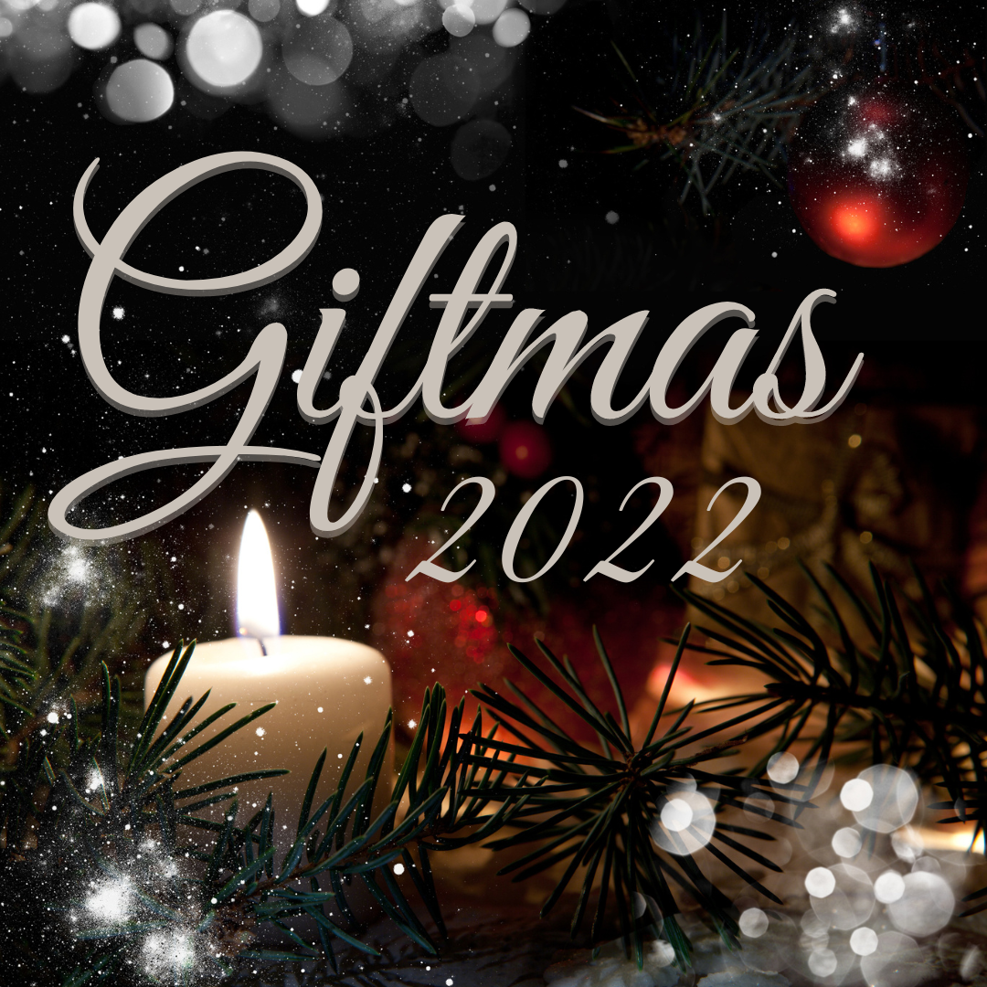 Giftmas 2022 with greenery and candle background