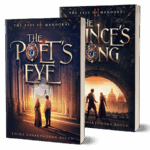 Two fantasy novels stand upright, slightly overlapping. The front cover, "The Poet’s Eye," shows two people facing columns and a bright light. The second book, "The Prince’s Song," depicts two figures near domed buildings at sunset.
