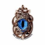A sticker featuring a blue reptilian eye at its center with ornate gold or bronze metalwork and the text "THE EYES OF MANDORAL" below.