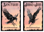 Two book covers from "Corvid Stories" are shown. The first, "Sanctuary," features a black crow in flight; the second, "Judge & Jury," shows another crow with wings spread. Both covers share a sunset background and the same author.