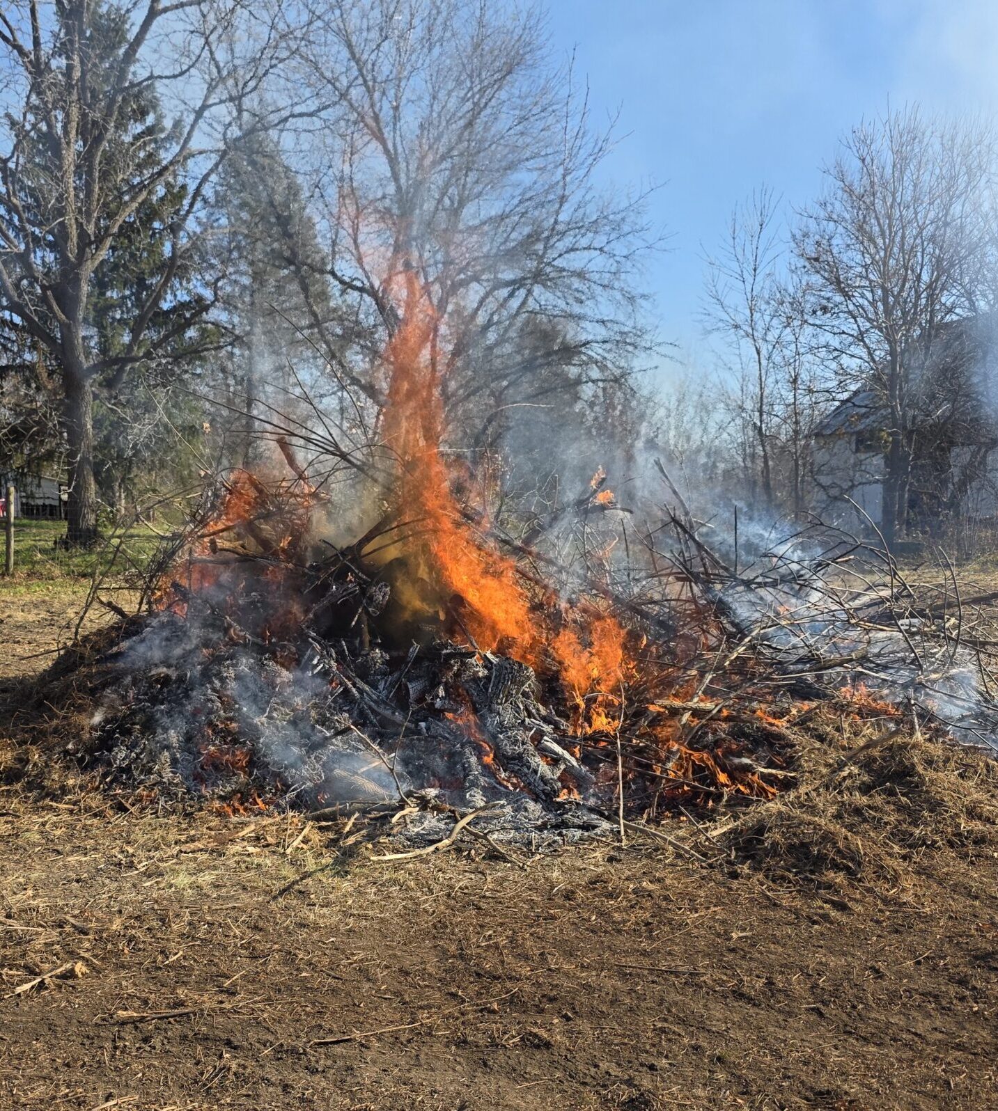 A large pile of branches and yard debris burns with bright orange flames and smoke in an open area, surrounded by bare trees, old buildings, and a parked vehicle on a clear day.
