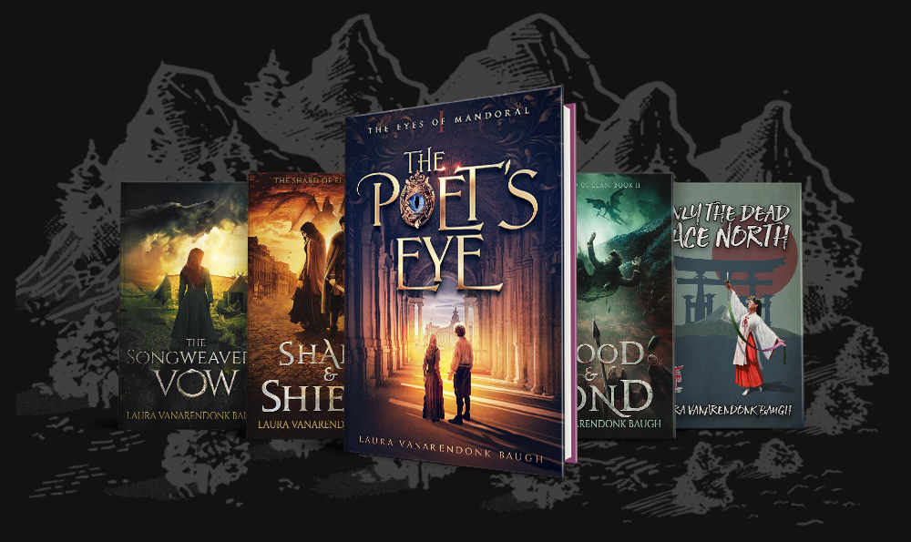 five books before line art of mountains, showing The Songweaver's Vow, Shard & Shield, The Poet's Eye, Blood & Bond, Only the Dead Face North